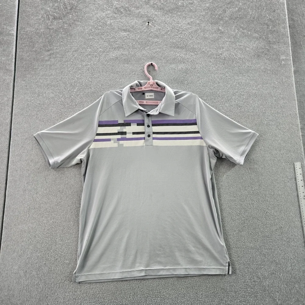 Adidas Men Polo L Gray Striped Climacool Activewear Short Sleeve READ